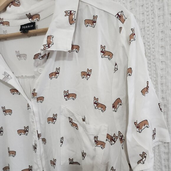 Torrid Plus Size White Corgi Print Stretch Challis Button-Front Shirt Size 3X - Picture 10 of 13